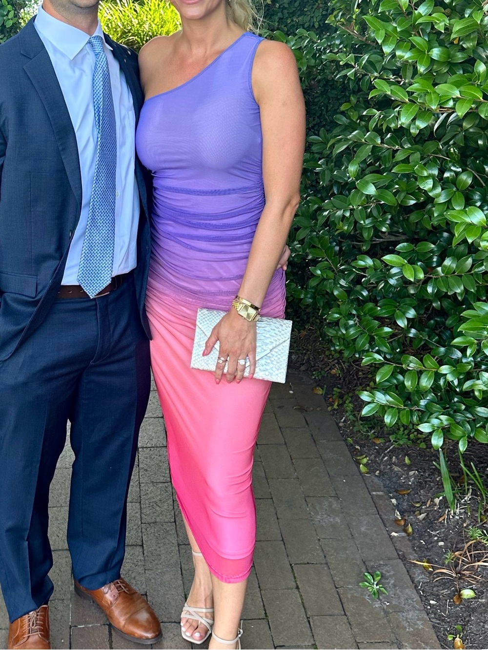 Petal & Pup One-Shoulder Ombre Purple to Pink Ruched Gown